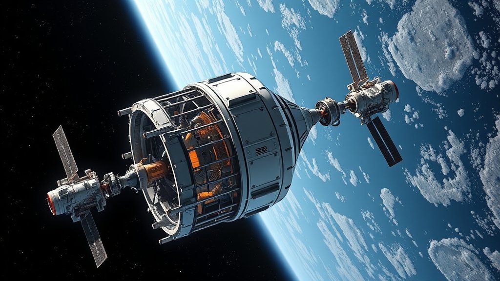 A detailed illustration of the Axiom Space module docked to the International Space Station, with astronauts working together in a collaborative environment