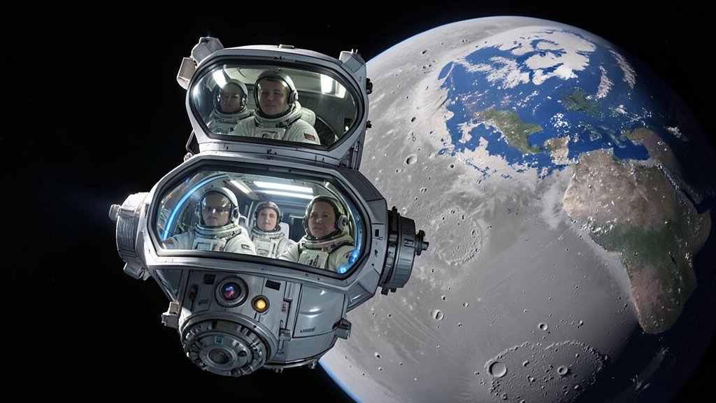 An illustration of the NASA Artemis II spacecraft approaching the Moon, with astronauts on board, and a backdrop of Earth in the distance.