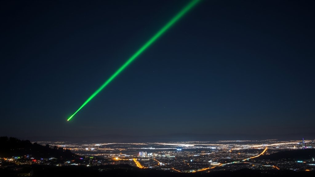 A bright green fireball streaking across the night sky of Wellington, New Zealand, with a cityscape in the foreground