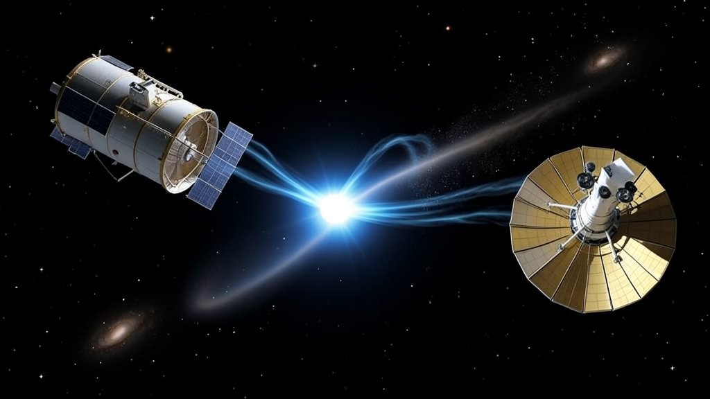 An illustration of Comet 3I/ATLAS with the Hubble Space Telescope and James Webb Space Telescope in the background, showcasing the methane outgassing and the instruments used to study it.