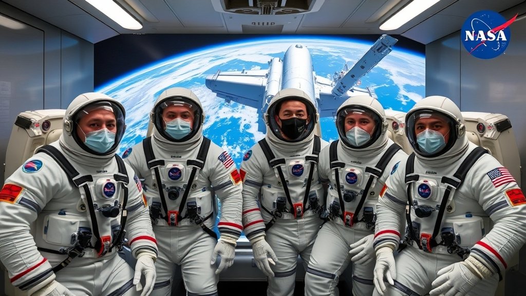 Four astronauts in quarantine before NASA's SpaceX Crew-12 launch, with a background of the Earth and a spacecraft, highlighting the importance of quarantine in space missions