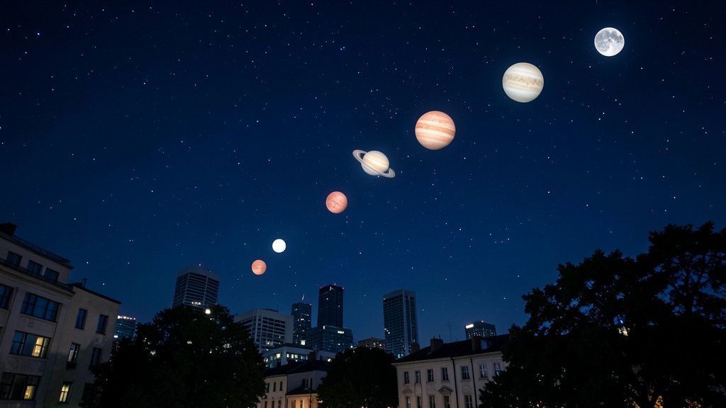 A high-resolution image of the night sky in February 2026, with a rare six-planet parade visible across the evening sky, including the Moon, Mercury, Venus, Mars, Jupiter, and Saturn, with a cityscape in the foreground and a few trees and buildings silhouetted against the sky.