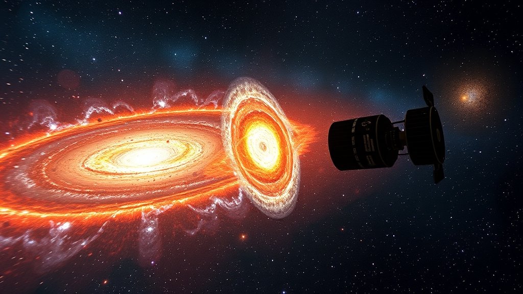 An artistic representation of the James Webb Space Telescope observing a distant galaxy merger in the early universe, with vibrant colors and detailed textures.