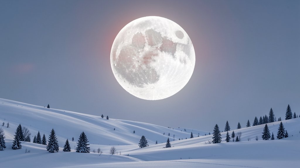 A high-resolution image of the full Snow Moon rising over a snowy landscape, with a subtle hint of the upcoming Blood Moon eclipse