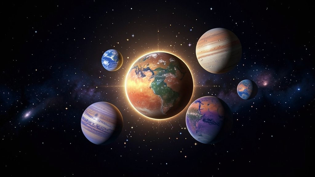 An artistic representation of a newly discovered solar system with multiple planets and stars in the background.