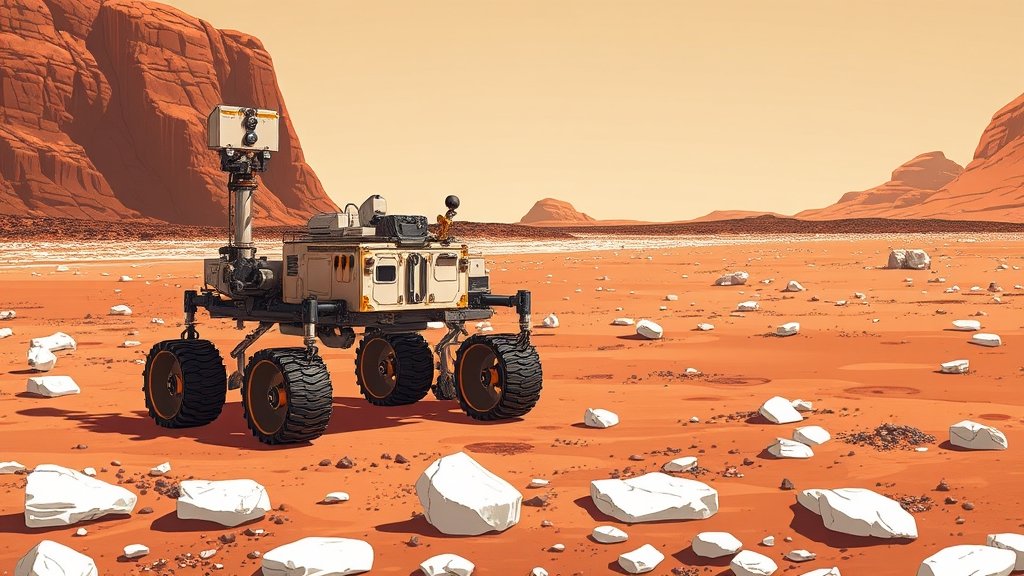 A detailed illustration of the Perseverance Rover on Mars, with a background of a ancient shoreline and white kaolinite rocks, symbolizing the discovery of a wet and rainy environment on the planet millions of years ago.