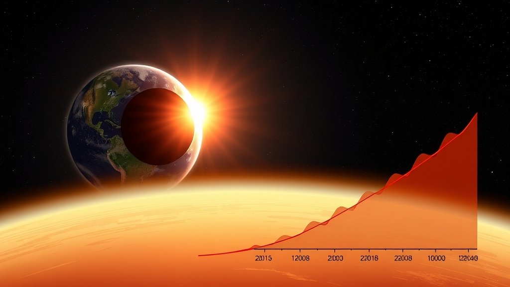 An illustration of the Earth's atmosphere with a solar eclipse and a graph showing the increase in mesospheric ozone levels