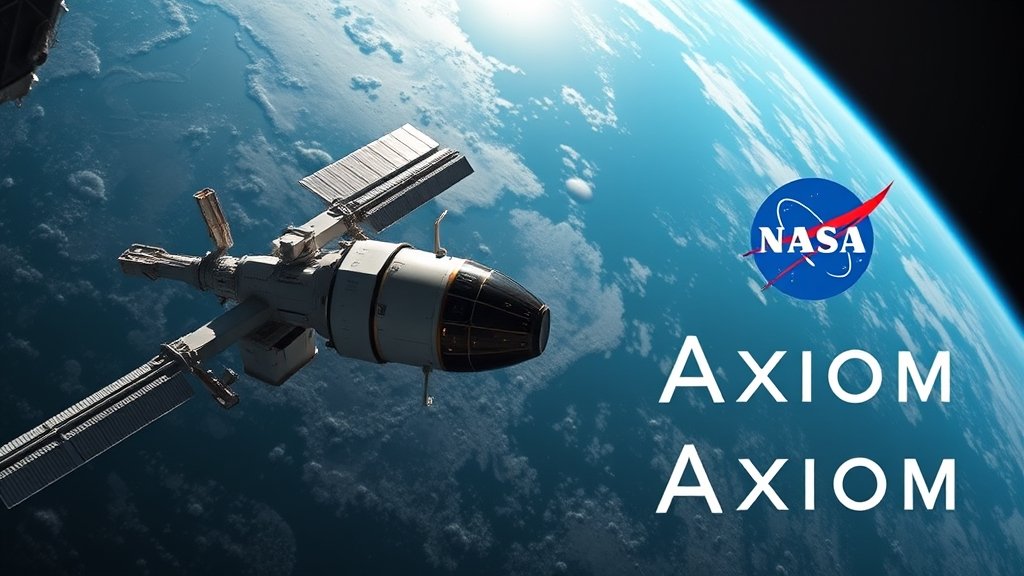 A high-resolution image of the International Space Station with a private astronaut spacecraft docked, against a stunning backdrop of the Earth's curvature, with the NASA and Axiom Space logos prominently displayed.
