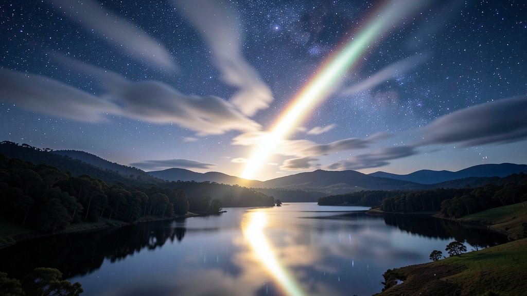 A bright streak of light illuminating the night sky over a New Zealand landscape, with stars and clouds in the background