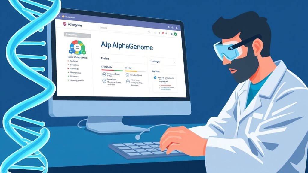 an illustration of a scientist studying a DNA double helix with a computer screen in the background displaying the AlphaGenome interface