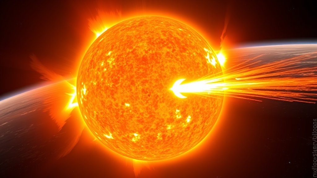 A high-resolution image of the sun with a massive sunspot and a solar flare erupting from it, with the Earth in the background to show the scale and potential impact.