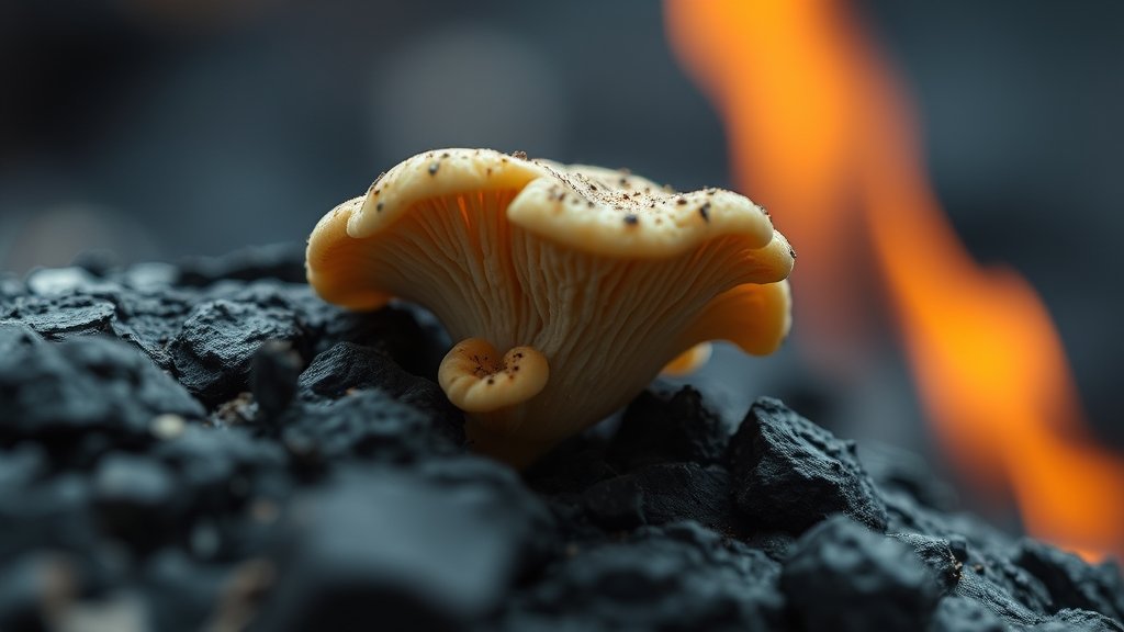 A microscopic image of a fungus growing on a piece of charcoal, with a subtle hint of flames in the background, symbolizing the fungus's unique ability to digest charcoal.