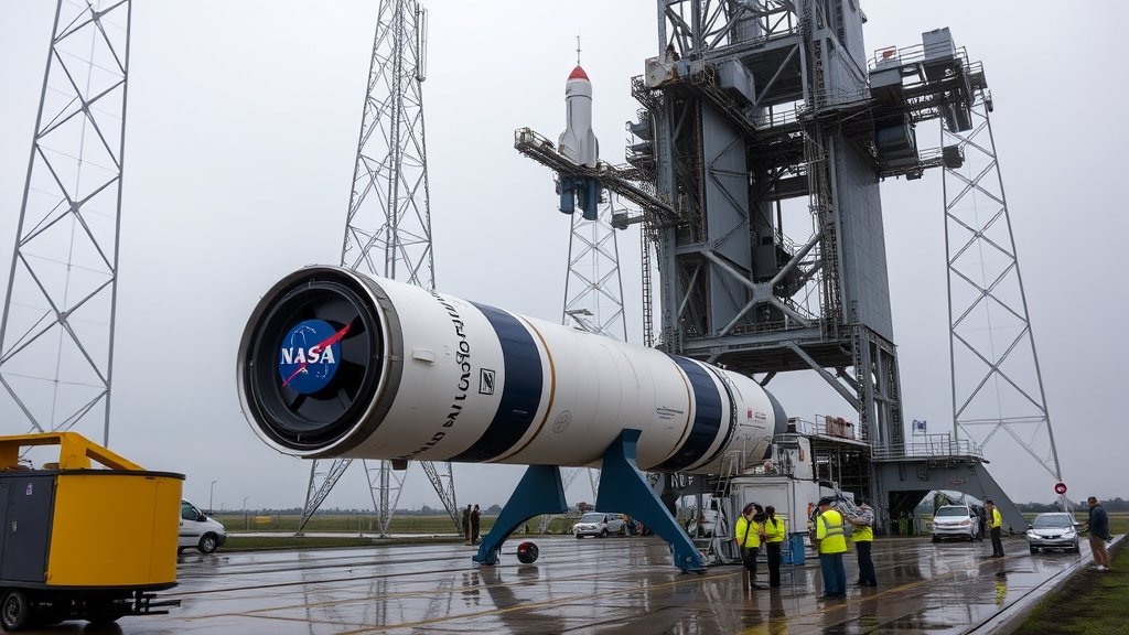 An image of the Artemis 2 rocket on the launchpad with NASA personnel in the background, preparing for the wet dress rehearsal