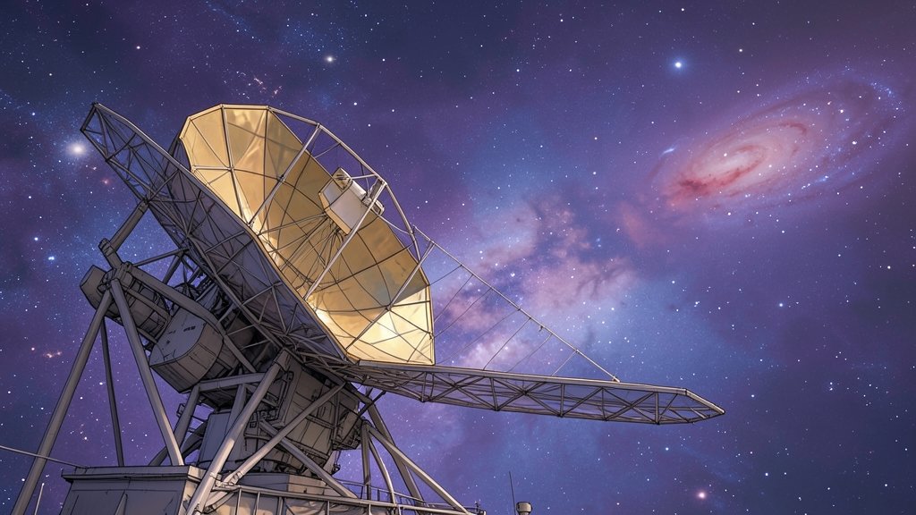 An artist's illustration of the James Webb Space Telescope observing the most distant galaxy ever seen, with a vibrant purple and blue background representing the vast expanse of the universe.