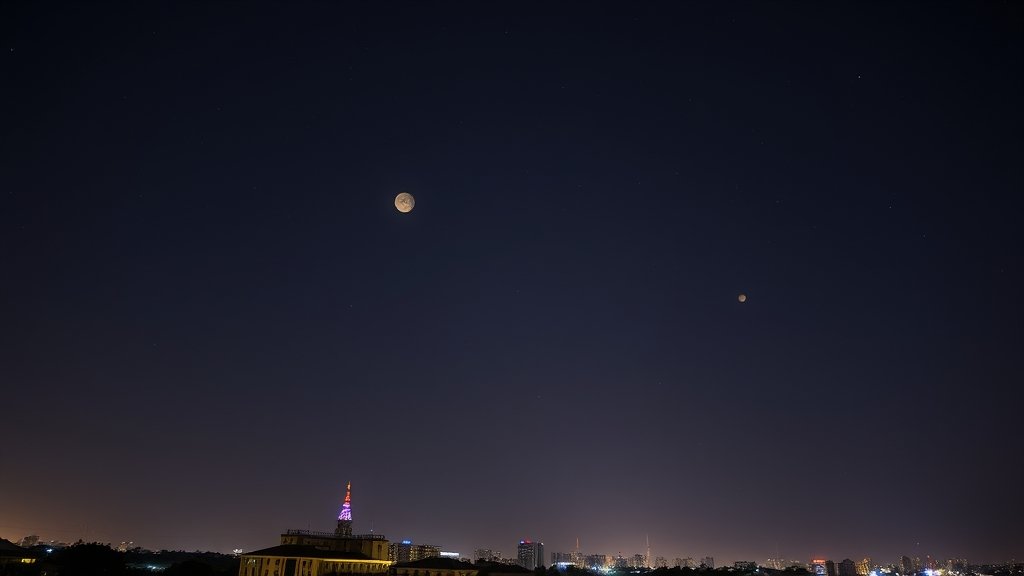 A night sky with Jupiter, Mercury, Venus, and Saturn visible, with a cityscape in the background