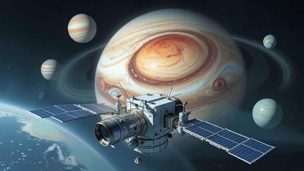 An illustration of the Juno spacecraft measuring the thickness of Europa's ice shell, with a backdrop of Jupiter and its moons.