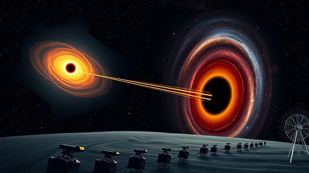 An illustration of the M87 galaxy with a supermassive black hole at its center, emitting a 3,000-light-year-long cosmic jet, with a telescope network in the background observing the phenomenon.