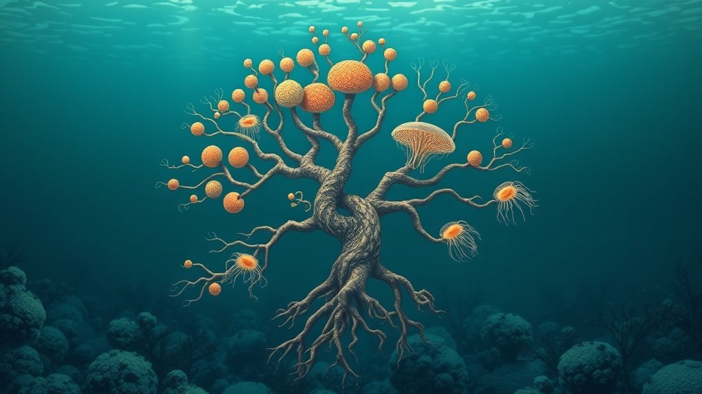 A detailed illustration of the tree of life, with sponges and comb jellies as the first branches, set against a backdrop of a primordial ocean.