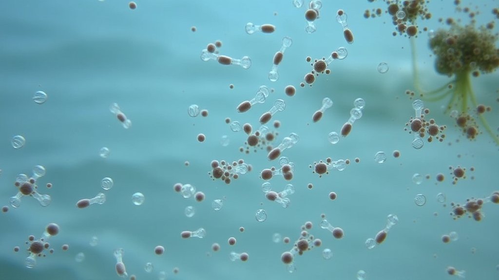 A microscopic image of SAR11 bacteria in a ocean water sample, with a subtle background of ocean waves and a hint of pollution.