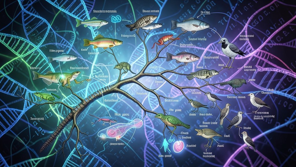 An illustration of a vertebrate evolutionary tree with a genetic code background, highlighting the key genes and processes involved in the development of complex bodies and organs.