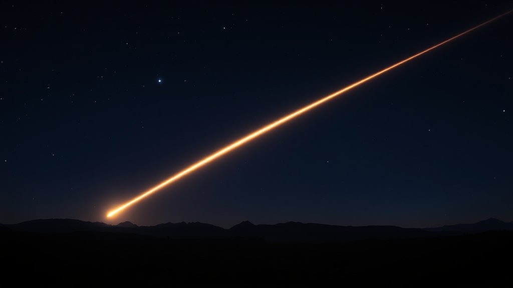 A bright, glowing fireball streaking across the night sky over New Zealand, with a dark landscape in the foreground and stars twinkling in the background.