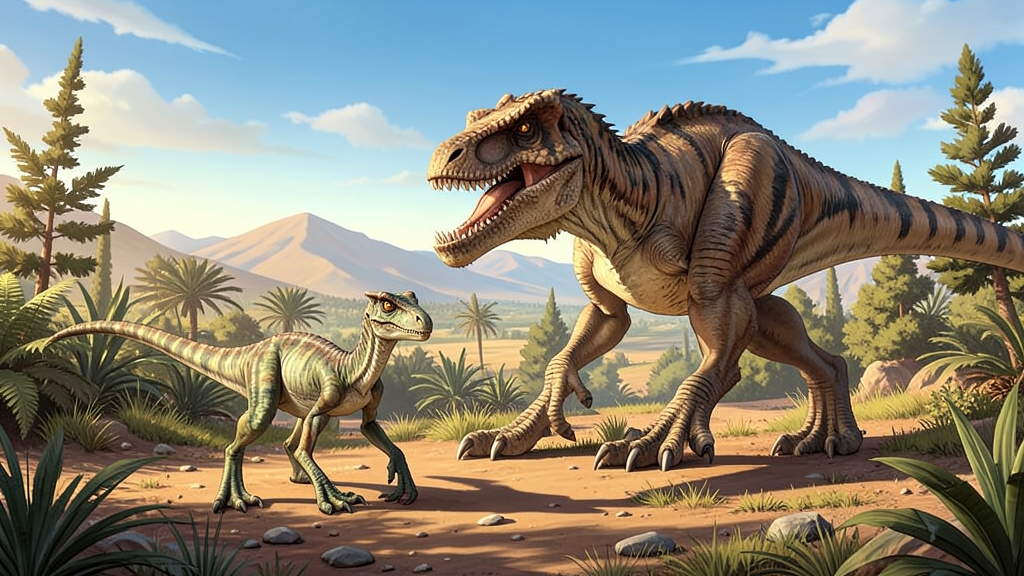 A detailed illustration of a small dinosaur standing next to a large predator, with a landscape of ancient Earth in the background
