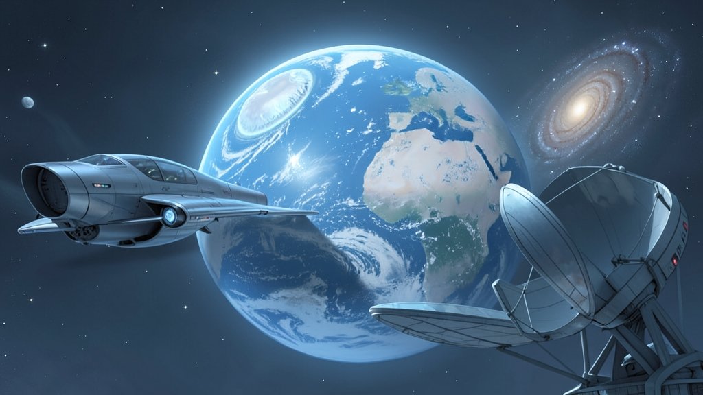 An illustration of a cold Earth-like exoplanet in the distance, with a few stars and a galaxy in the background, and a spaceship or a telescope in the foreground.