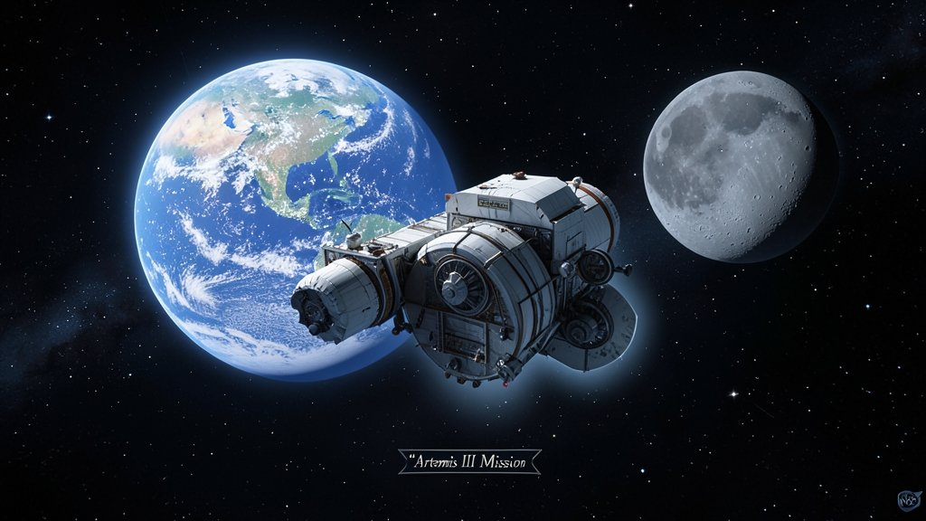 An illustration of the NASA Artemis II spacecraft in space, with the Earth and Moon in the background, highlighting the mission's objective of sending humans to the lunar surface.