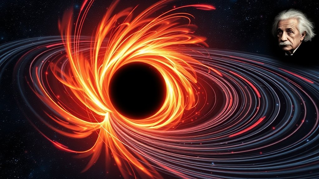 An illustration of a black hole merger with gravitational waves emanating from it, in the background a subtle image of Albert Einstein