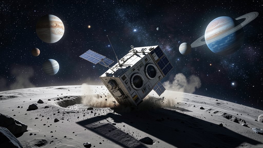 A detailed illustration of a washing machine-sized satellite crashing into the surface of a celestial body, with a backdrop of stars and planets in the distance