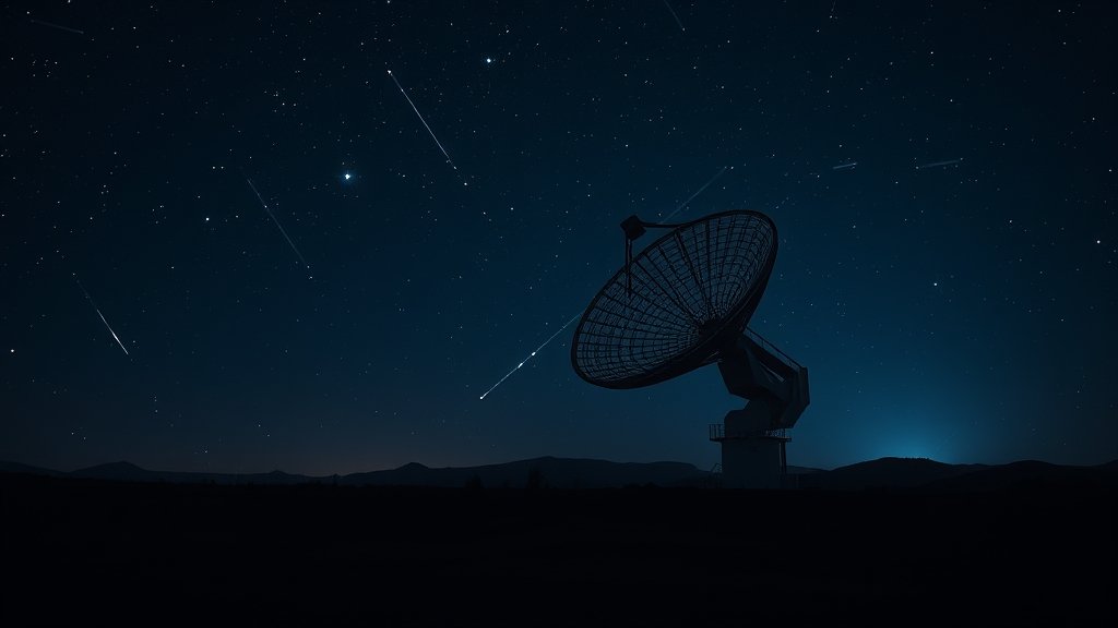 An image of a radio telescope in a dark landscape with stars and a hint of a mysterious signal in the background