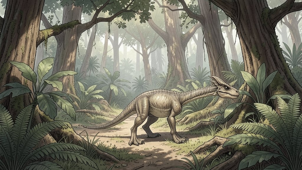 An illustration of the newly discovered dinosaur Foskeia pelendonum in its natural habitat, with a mix of lush greenery and ancient trees, highlighting its small size and unique features.