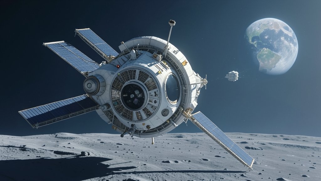 A realistic illustration of the Artemis II spacecraft approaching the Moon, with the Earth visible in the background, and a hint of the lunar module separating from the main spacecraft.