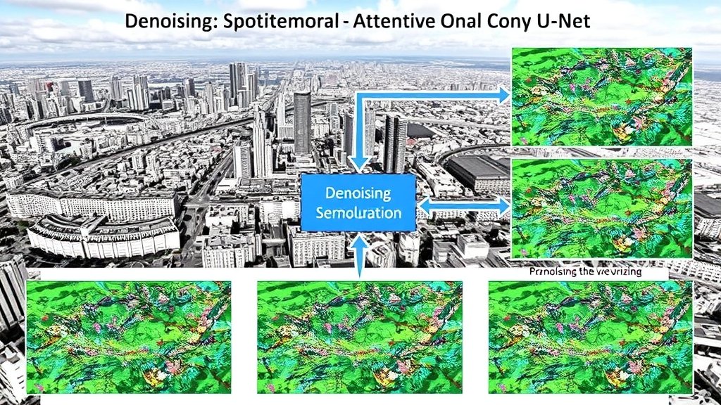 A detailed illustration of the Denoising process using Spatiotemporal Attentive Convolutional U-Net for InSAR time series, with a cityscape or landscape in the background to represent real-world application.