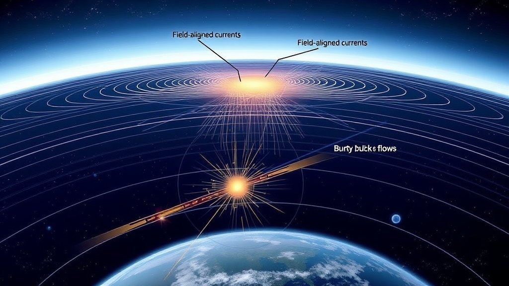 An illustration of the Earth's ionosphere with field-aligned currents and bursty bulk flows, including a representation of the magnetic field lines and the movement of charged particles.