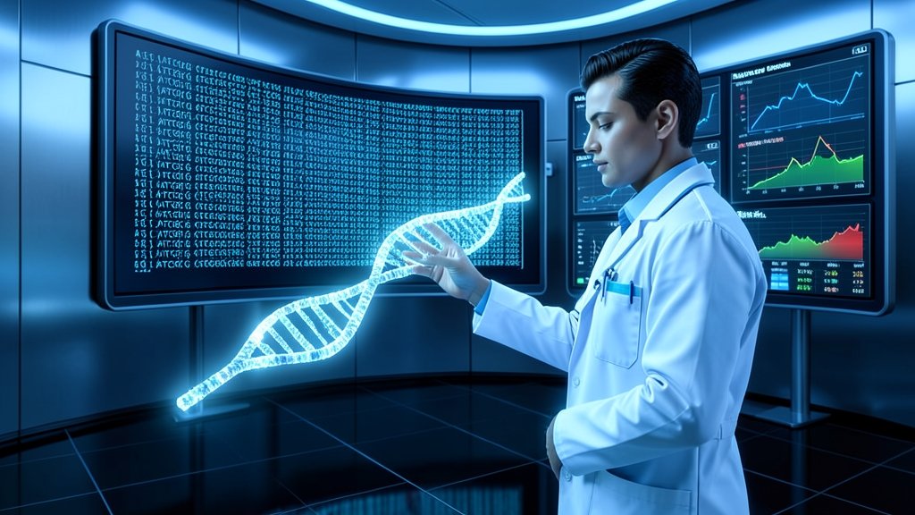 A futuristic illustration of a doctor looking at a DNA helix with a computer screen in the background, displaying a genetic code and a risk assessment chart.