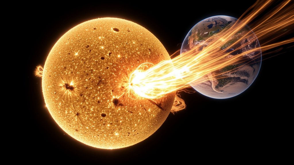 An illustration of the sun with a massive solar flare erupting from its surface, with the Earth in the background to show the scale and potential impact.