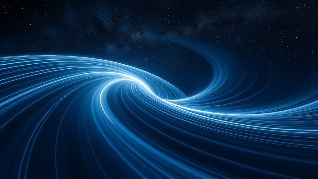 An illustration of gravitational waves rippling through space-time, with a subtle background image of the universe and a few stars and planets