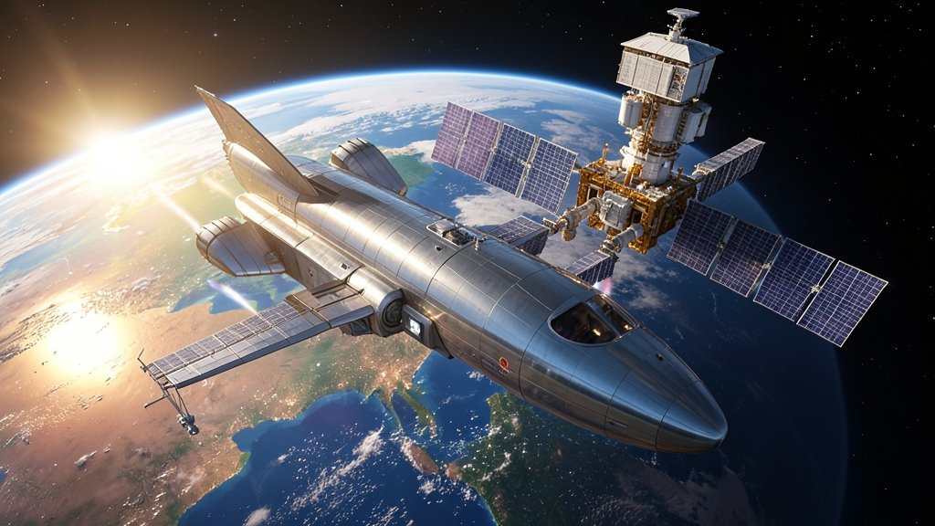 A detailed illustration of the Axiom Space spacecraft approaching the International Space Station, with a stunning view of the Earth in the background.