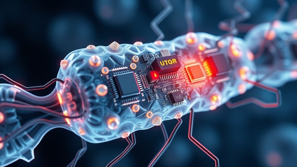 A detailed illustration of a biocompatible material integrated with electronic components, representing the fusion of technology and medicine for advanced medical devices.