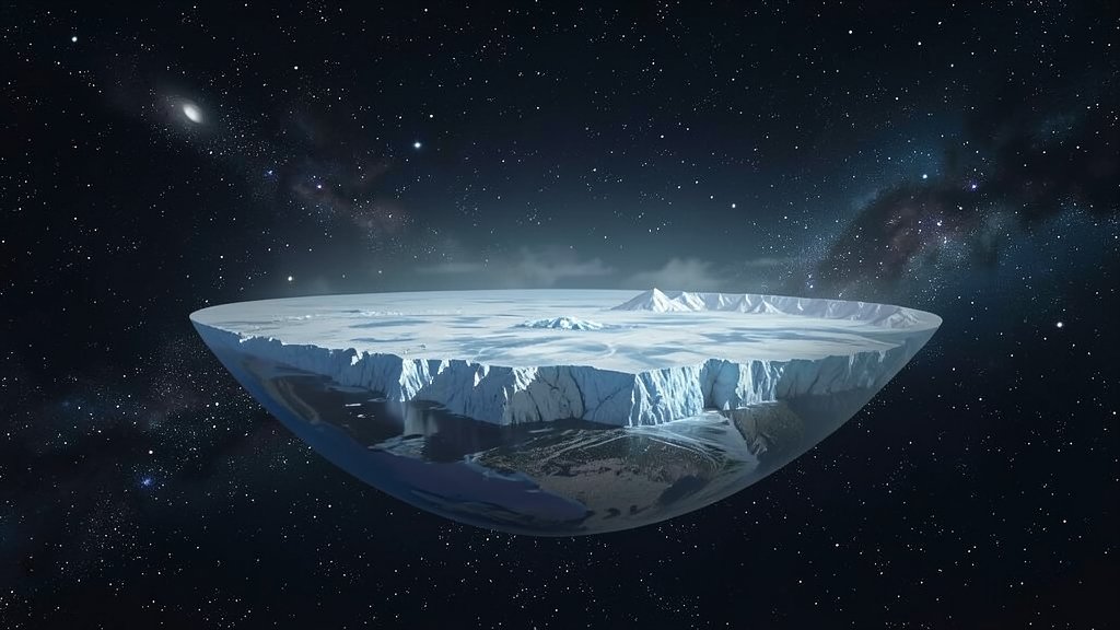 An illustration of a distant Earth-like exoplanet with a frozen surface, surrounded by a dark and starry sky