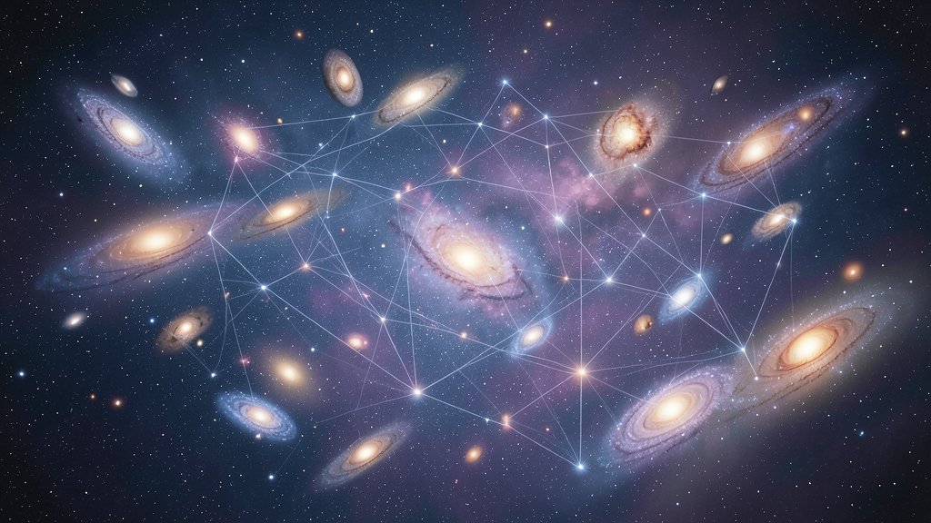 A detailed illustration of the universe with dark matter distribution, showing galaxies and galaxy clusters, with a subtle background of stars and cosmic radiation.