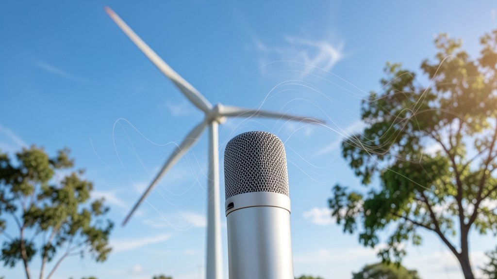 A graphical representation of wind-driven low-pass filtering of infrasound at short range, with a microphone and a wind turbine in the background, set against a serene landscape with a few trees and a clear blue sky.