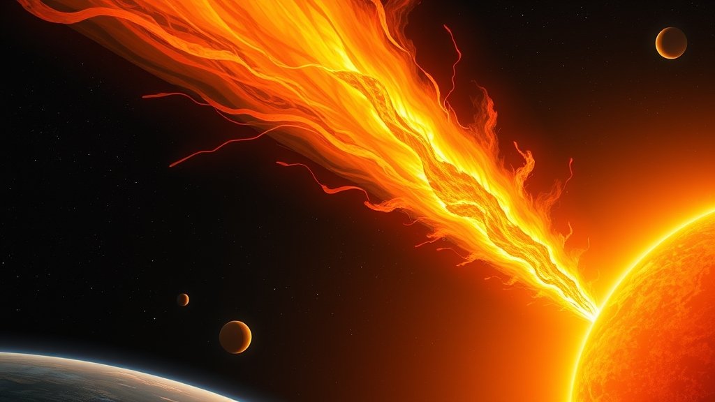 An illustration of a massive solar flare erupting from the surface of the sun, with a vibrant orange and yellow color scheme, set against a dark background with stars and planets visible in the distance.