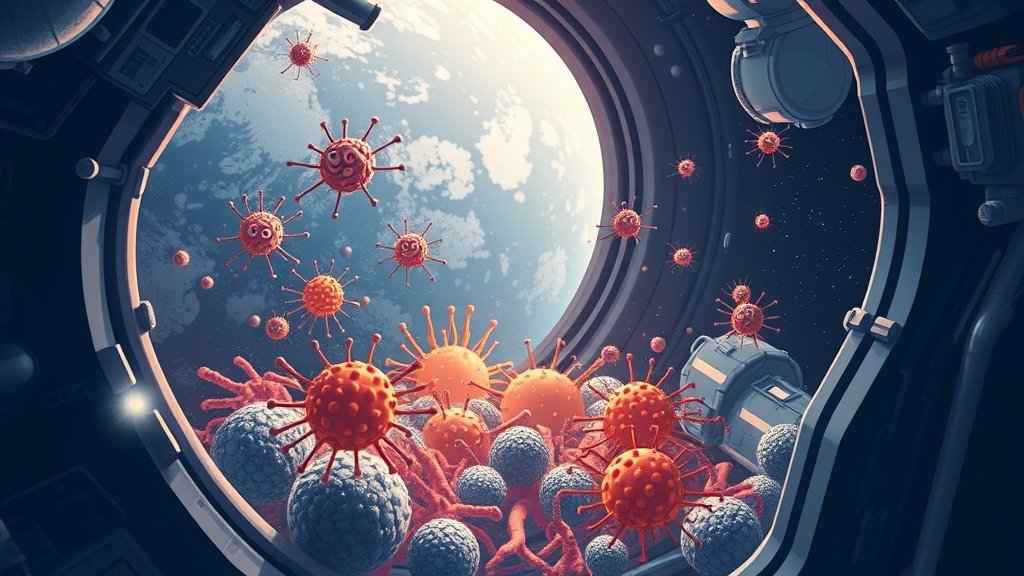 An illustration of a space station with microbes and phages interacting in a laboratory setting, with a subtle background of the Earth from space