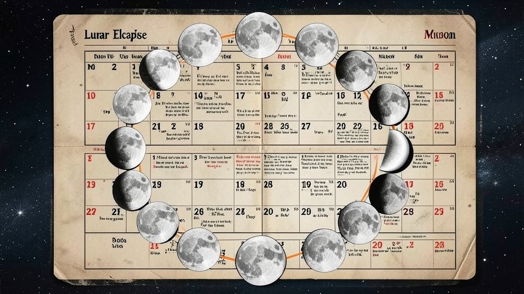 An illustration of the moon in different phases with a calendar in the background, highlighting the dates of the lunar eclipse and the moon's position in the sky.