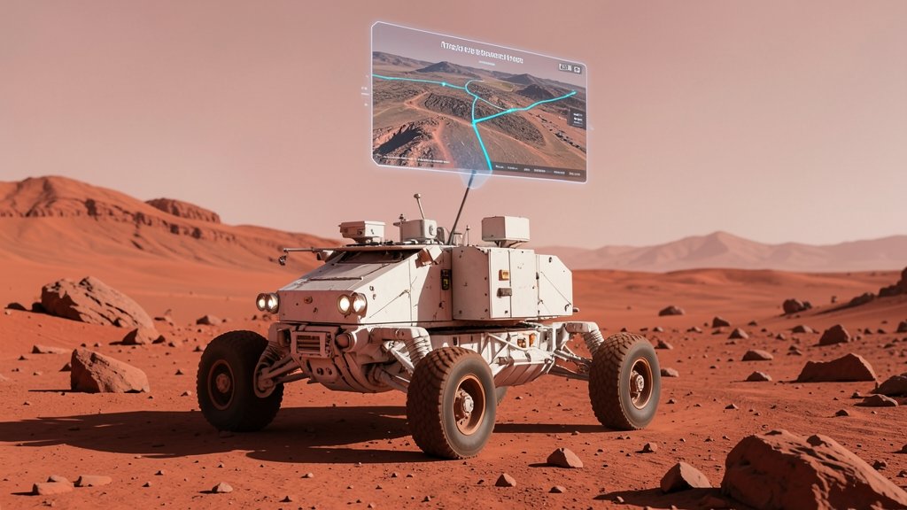 An image of NASA's Perseverance Rover on Mars with a background of the Martian landscape, highlighting the rover's movements and the AI technology used to plan its drive.