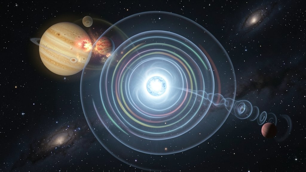 An illustration of a white dwarf star emitting radio pulses in space, with a binary system in the background and a subtle hint of a mysterious signal.