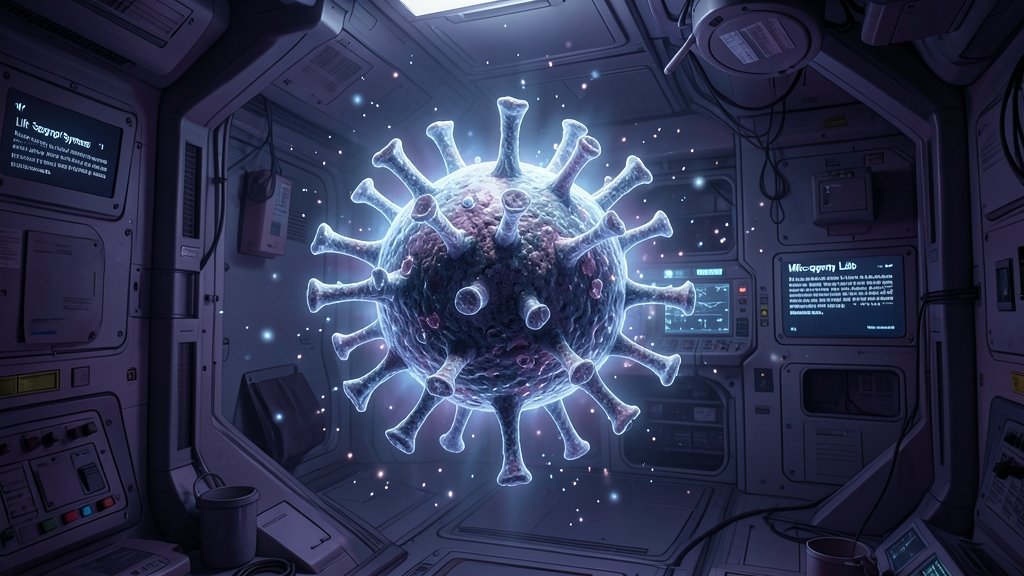 An illustration of a virus mutating in space, with a background of the International Space Station or a spaceship, highlighting the concept of microgravity's impact on microbial evolution.