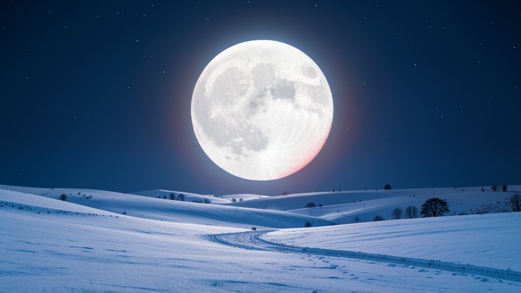 A high-resolution image of the full moon rising over a snowy landscape, with a subtle hint of a lunar eclipse in the background.